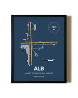 Blue and Yellow Framed Albany International Airport wall art poster in black frame