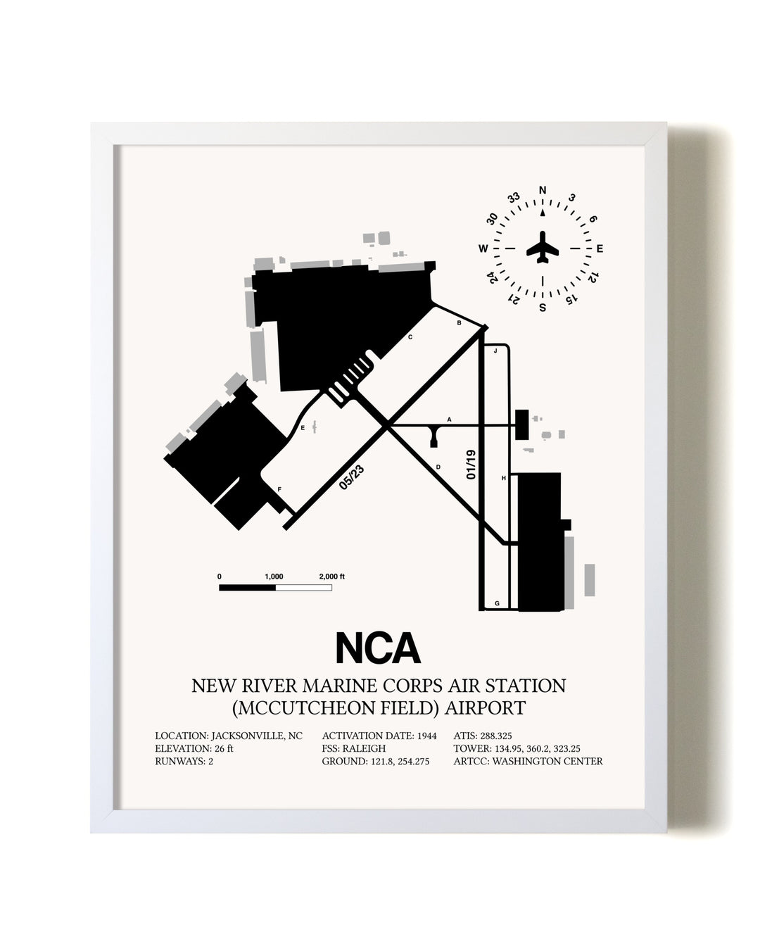 New River Marine Corps Air Station (McCutcheon Field) Airport airport map poster in oak frame