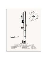 Gray Bomar Field / Shelbyville Municipal Airport framed poster displayed in an airplane hangar