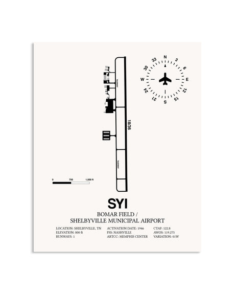 Gray Bomar Field / Shelbyville Municipal Airport framed poster displayed in an airplane hangar