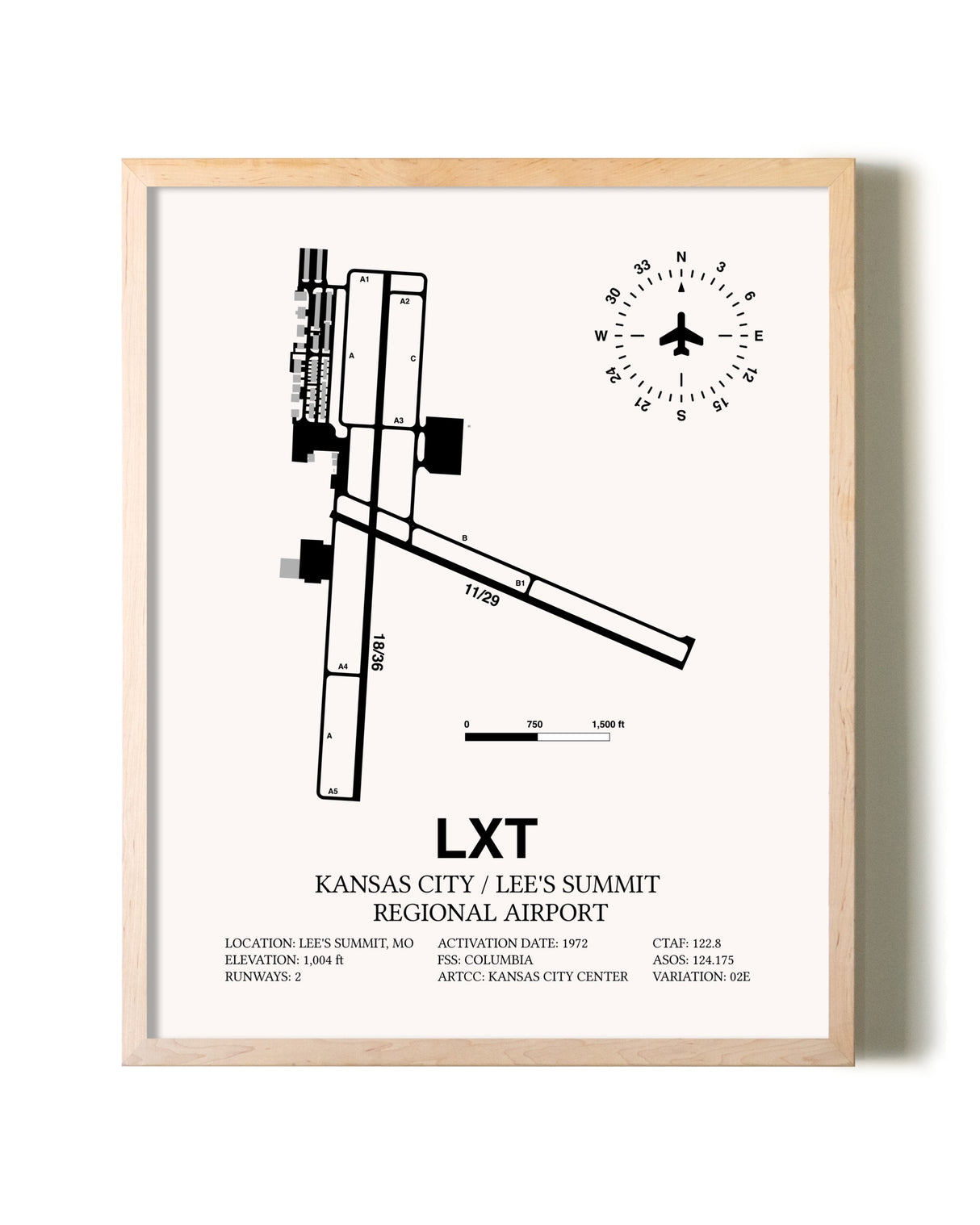 Kansas City / Lee's Summit Regional Airport framed wall art in white frame