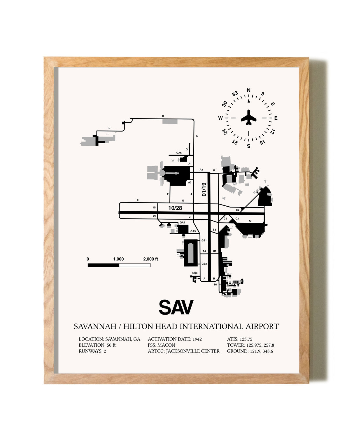 Savannah / Hilton Head International Airport framed print in natural wood frame