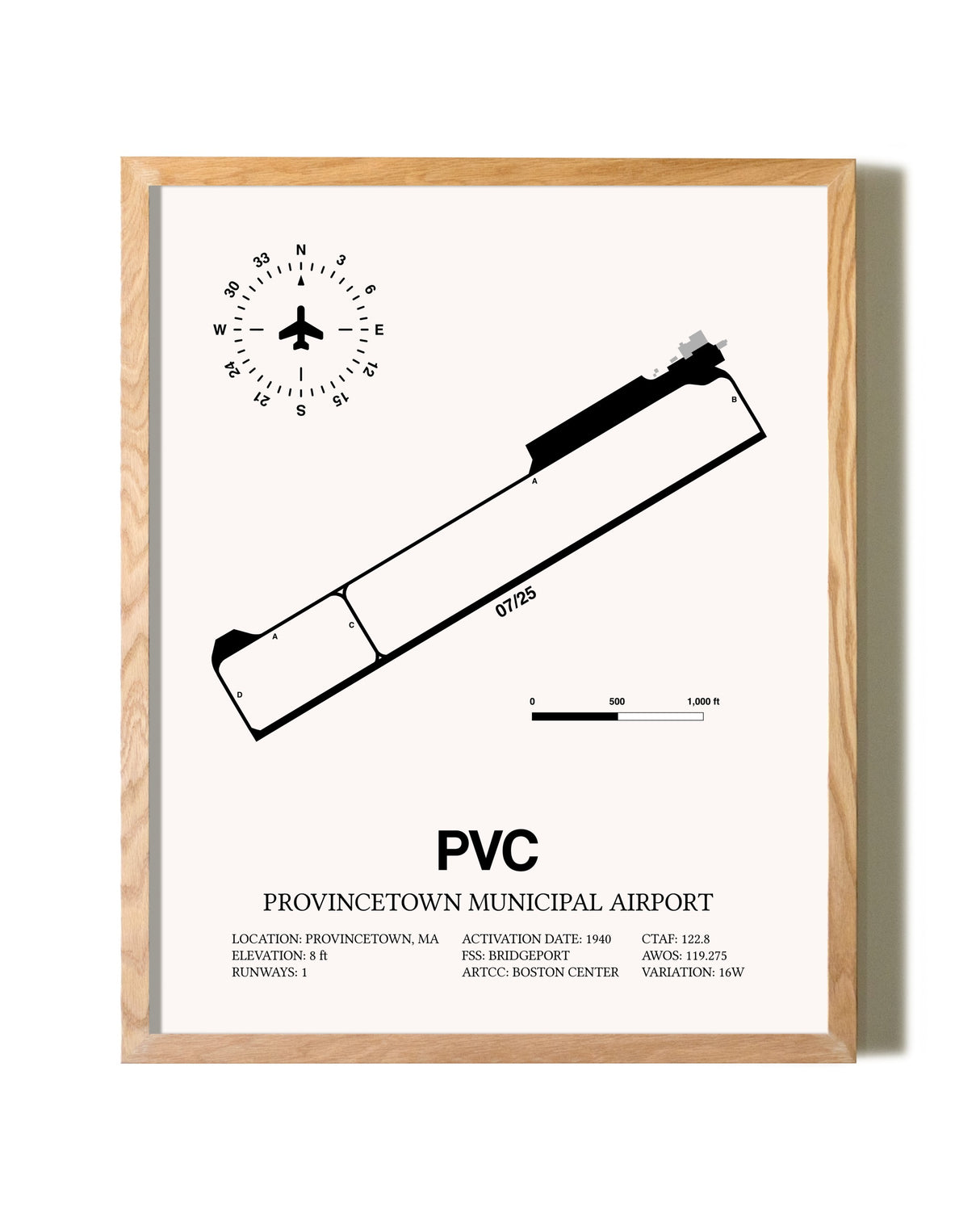 Provincetown Municipal Airport framed print in natural wood frame