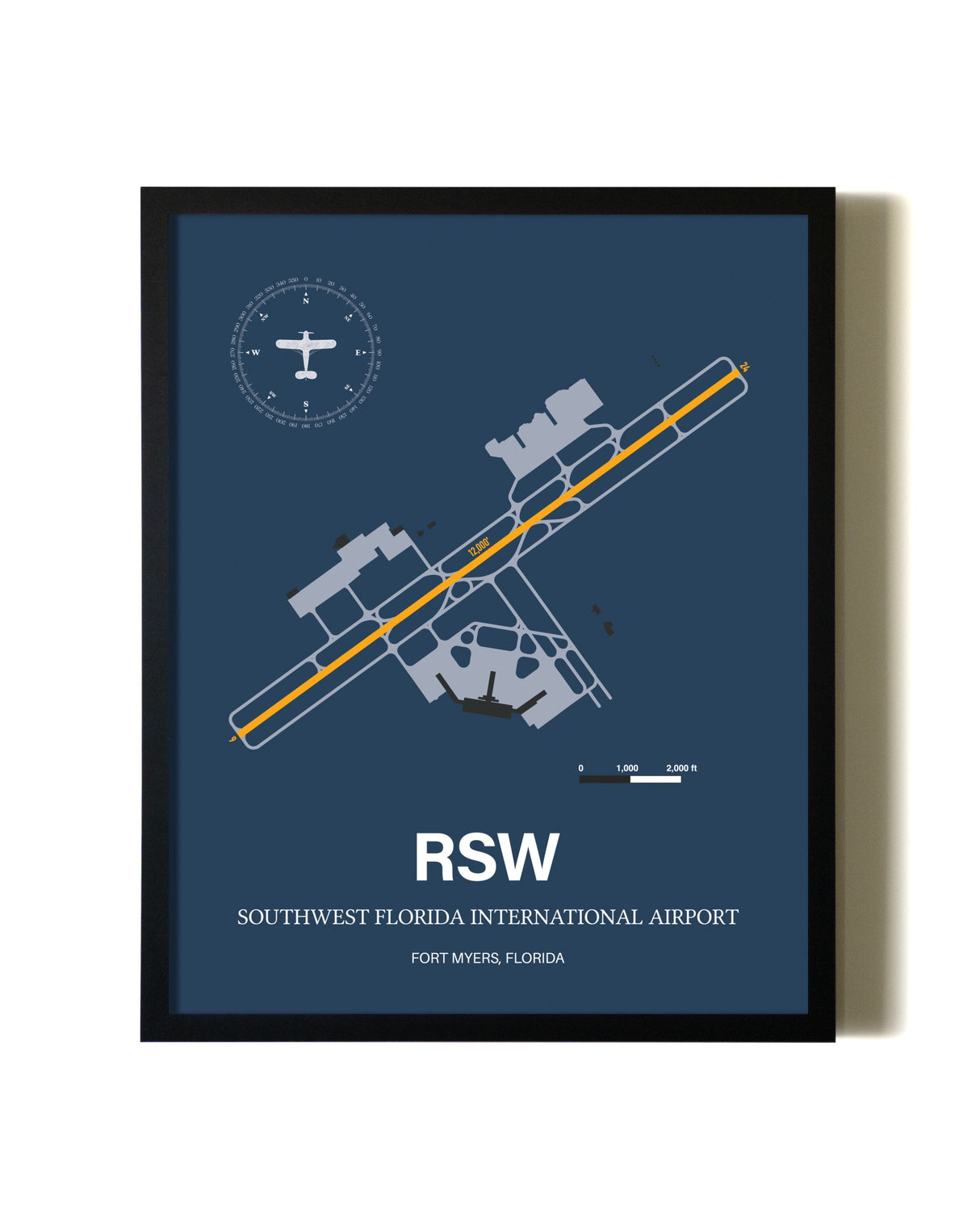 Blue and Yellow Framed Southwest Florida International Airport wall art poster in black frame