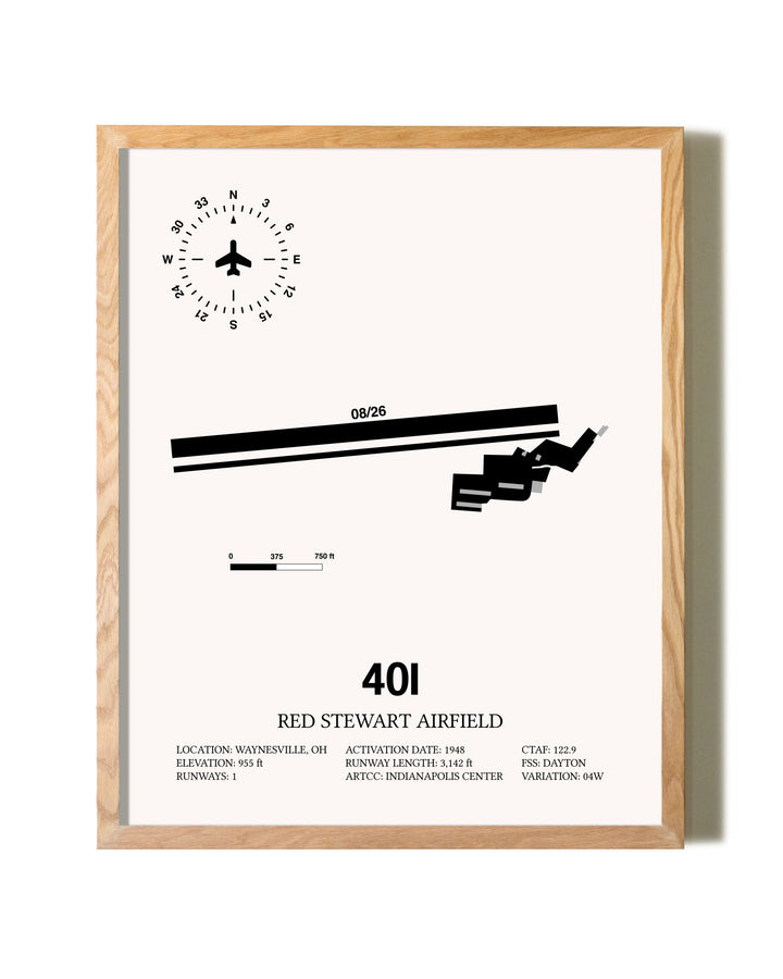 Red Stewart Airfield framed print in natural wood frame