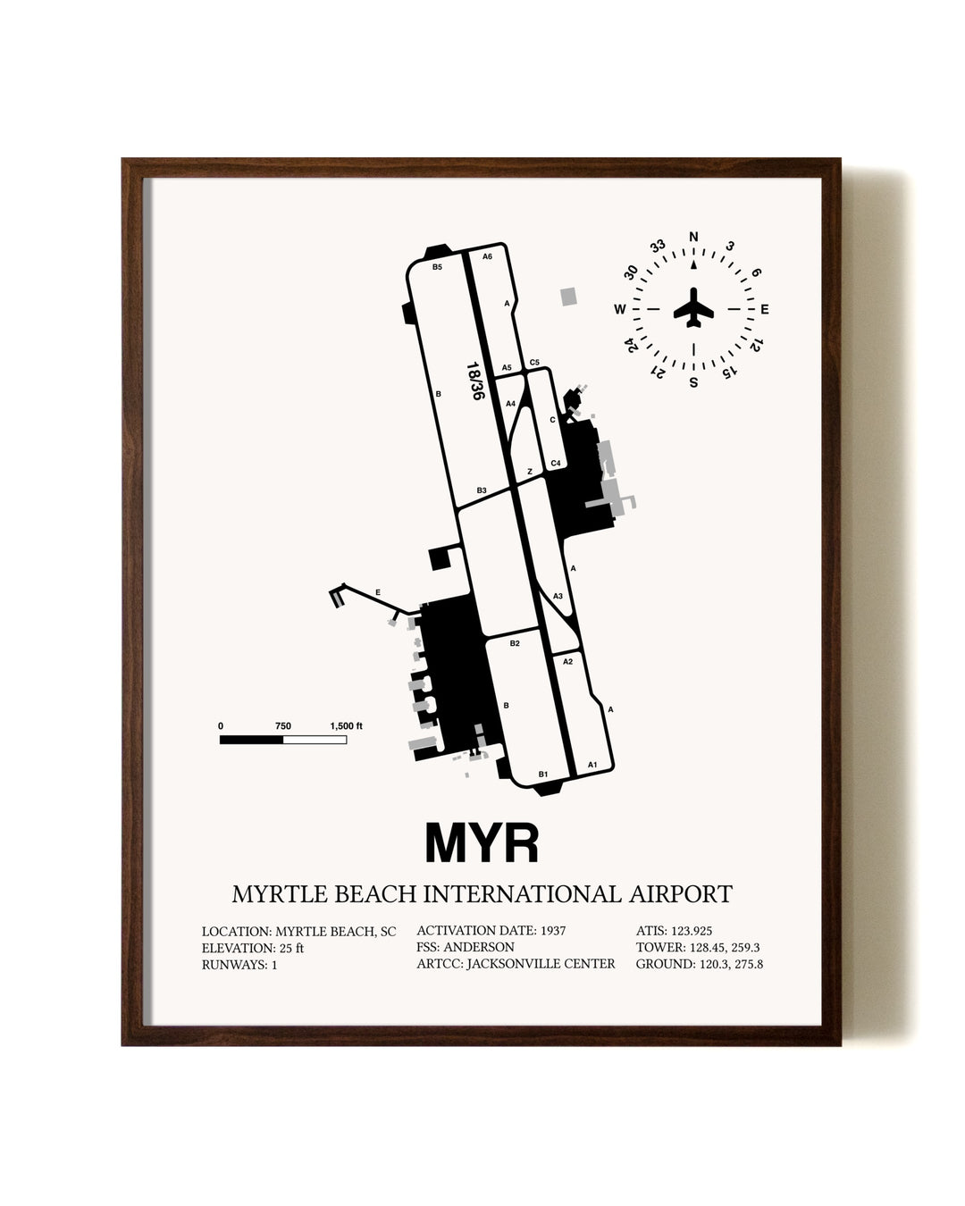 Myrtle Beach International Airport aviation print in walnut frame