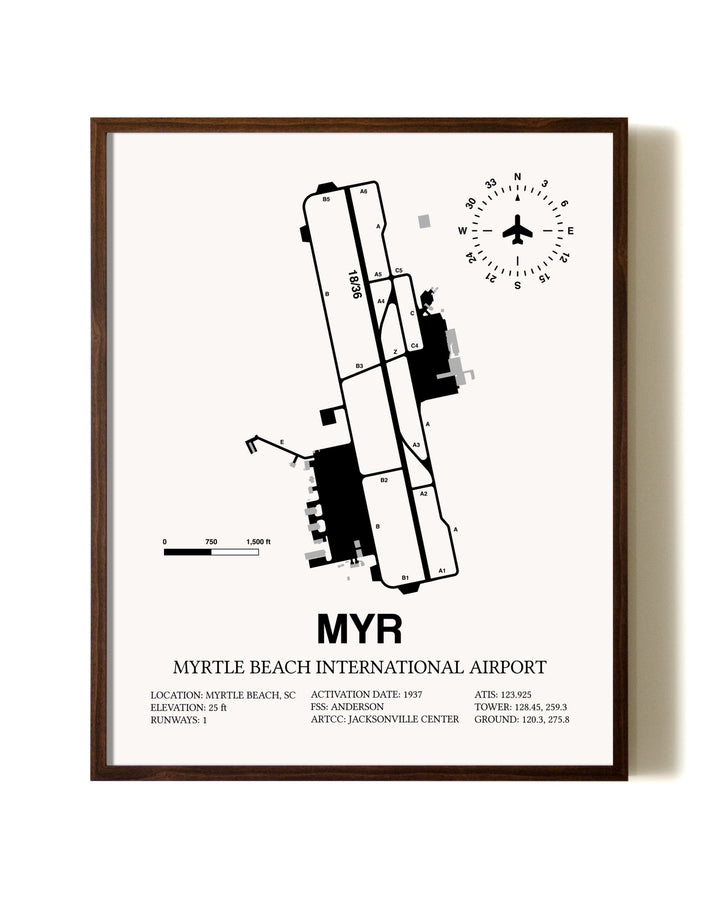 Myrtle Beach International Airport aviation print in walnut frame