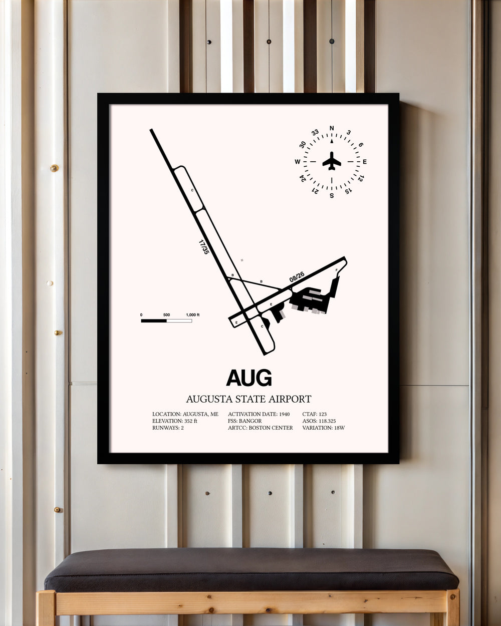 Augusta State Airport framed poster displayed in an airplane hangar