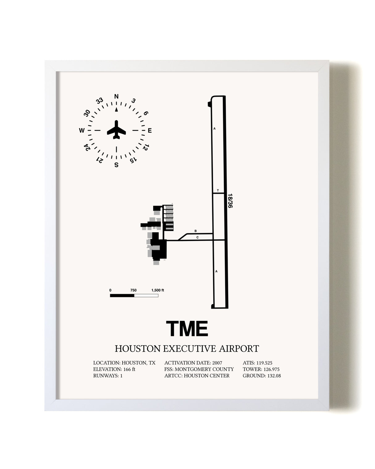 Houston Executive Airport airport map poster in oak frame