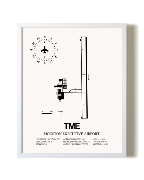 Houston Executive Airport airport map poster in oak frame