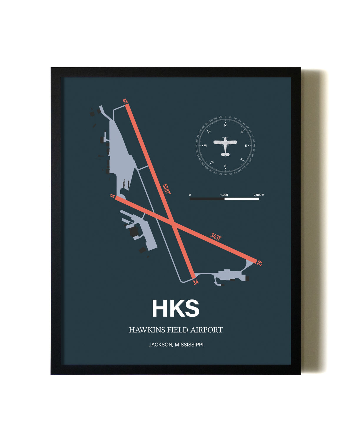Slate Framed Hawkins Field Airport wall art poster in black frame