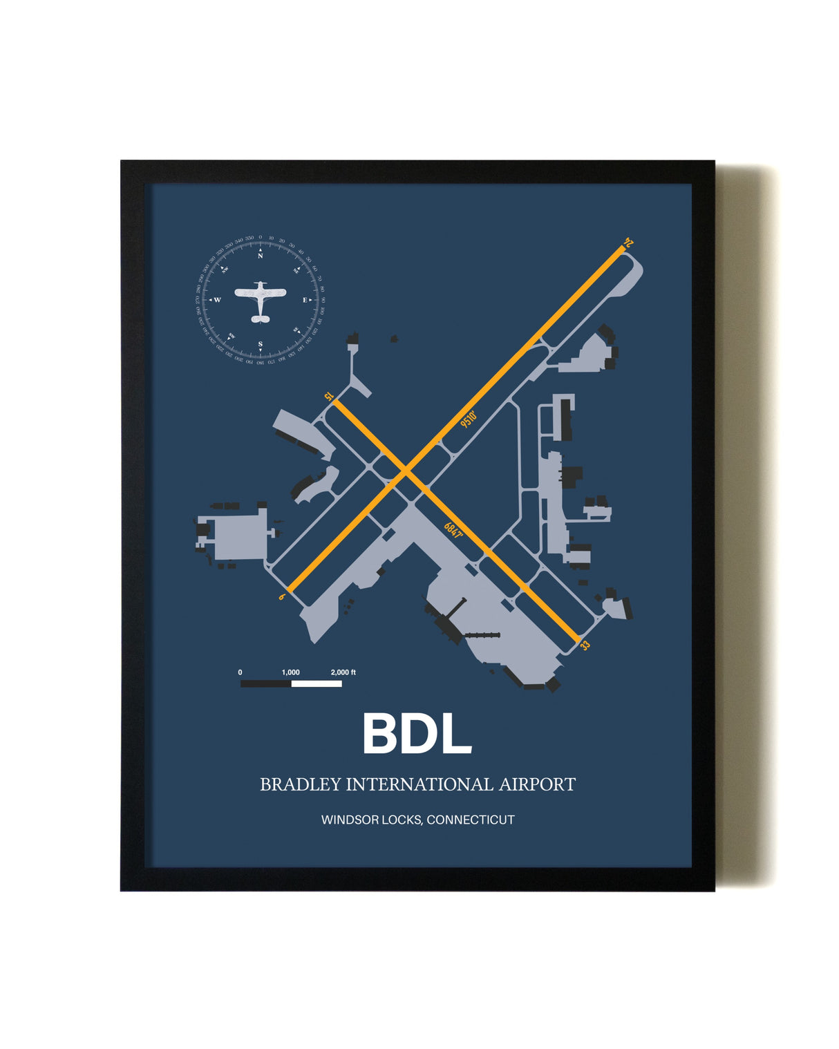 Blue and Yellow Framed Bradley International Airport wall art poster in black frame