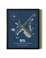 Blue and Yellow Framed Bradley International Airport wall art poster in black frame