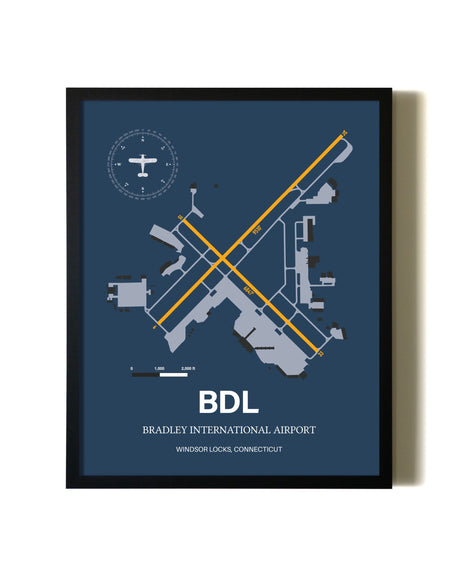Blue and Yellow Framed Bradley International Airport wall art poster in black frame