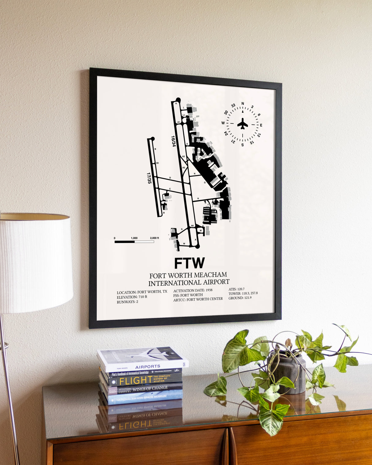 Fort Worth Meacham International Airport aviation wall décor in black wood frame