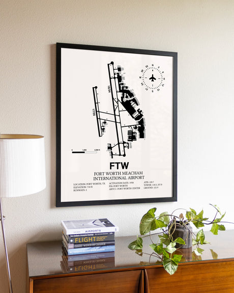 Fort Worth Meacham International Airport aviation wall décor in black wood frame