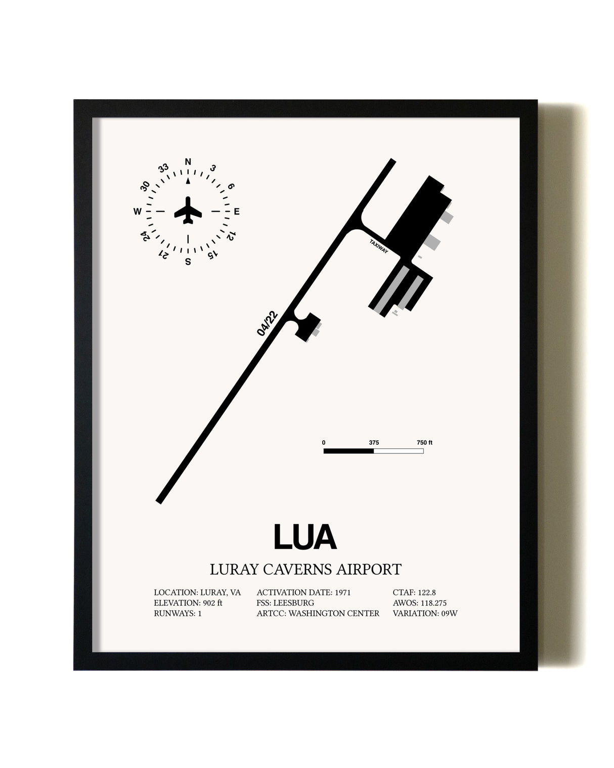 Framed Luray Caverns Airport wall art poster in black frame