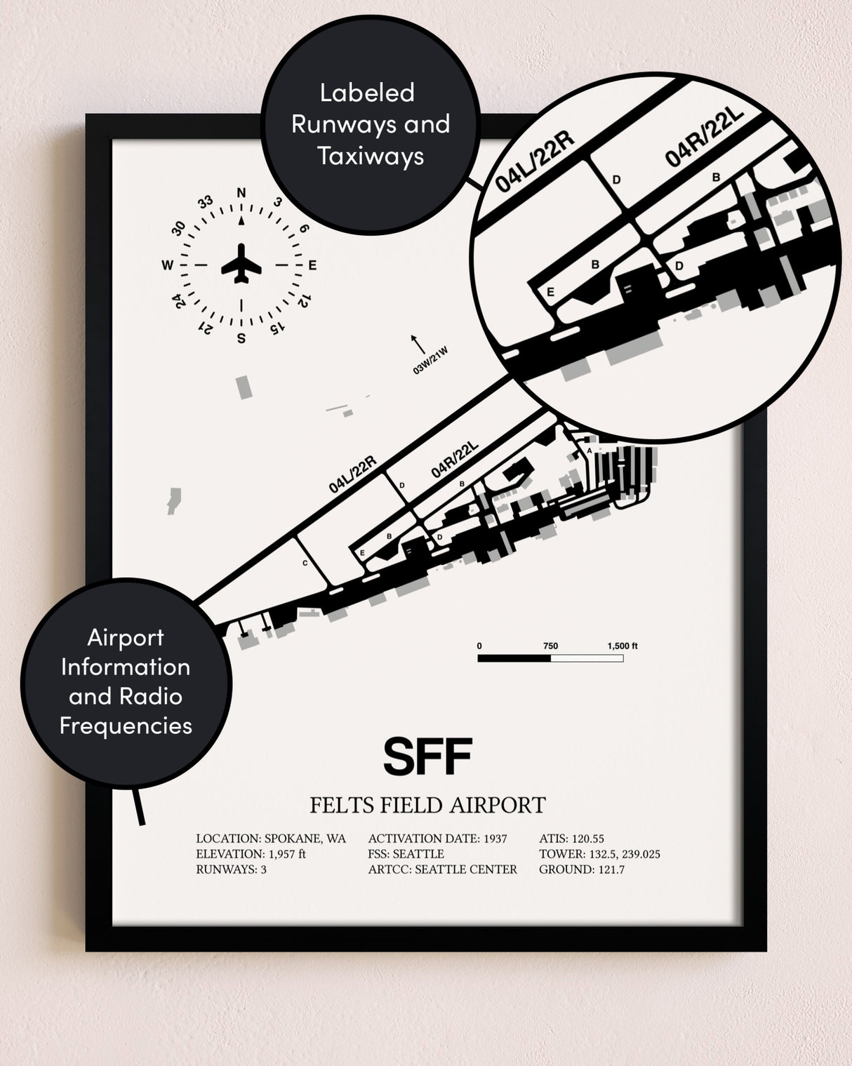Framed Felts Field Airport layout wall art poster