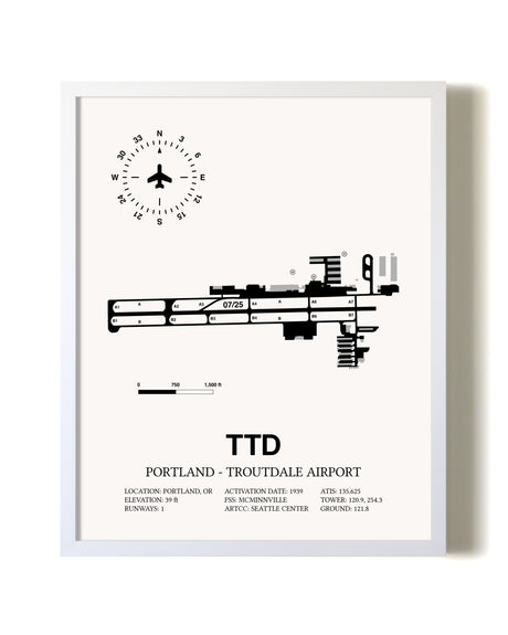 Portland-Troutdale Airport airport map poster in oak frame