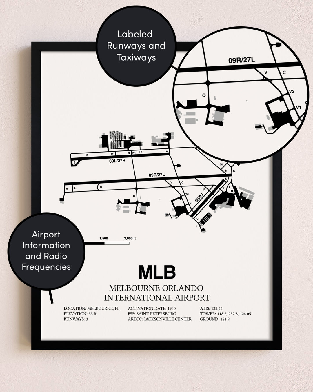 Framed Melbourne Orlando International Airport layout wall art poster