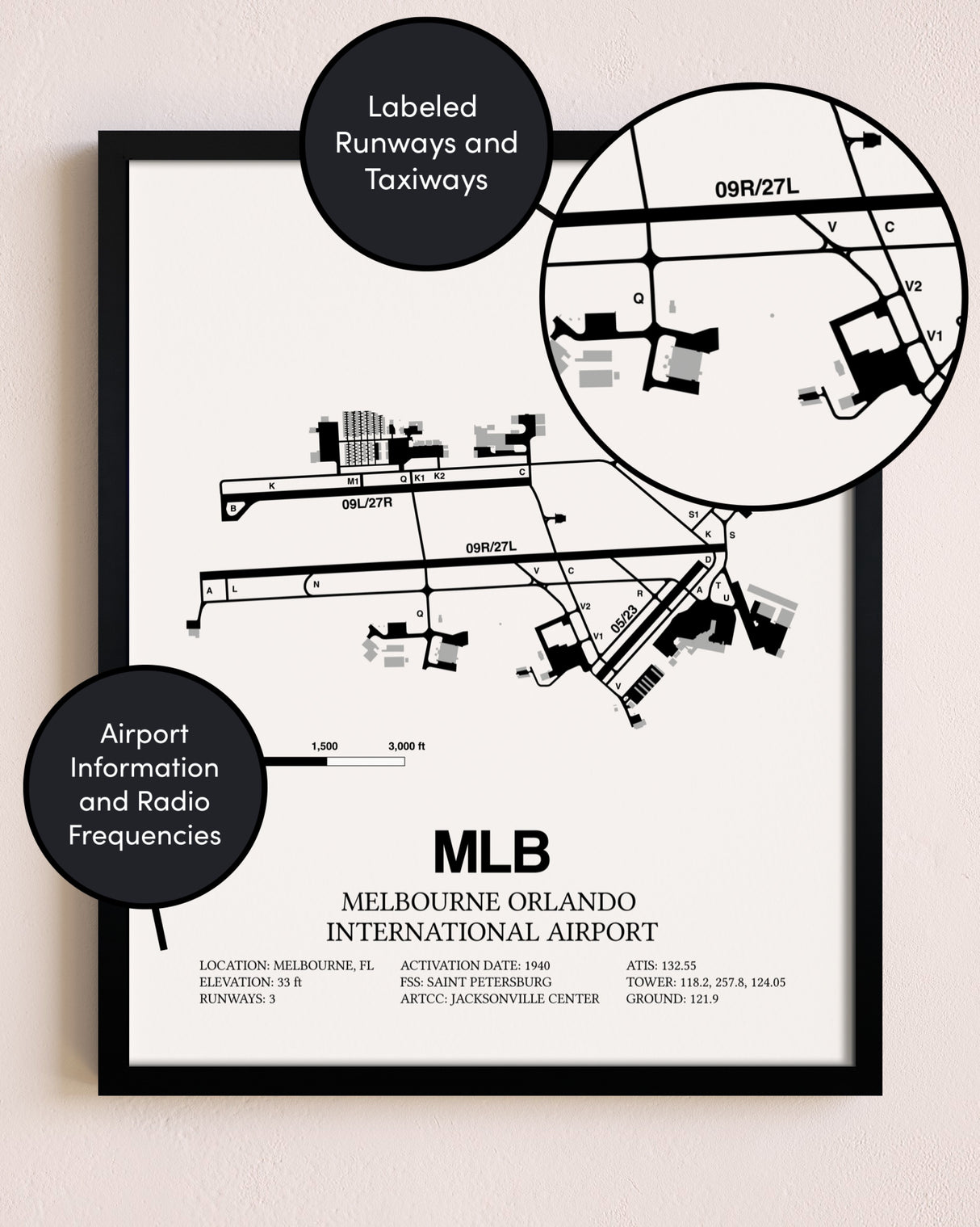 Framed Melbourne Orlando International Airport layout wall art poster