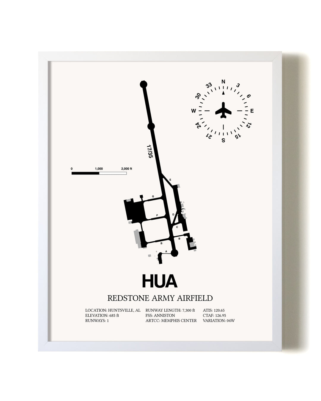 Redstone Army Airfield airport map poster in oak frame