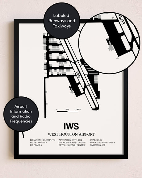 Framed West Houston Airport layout wall art poster