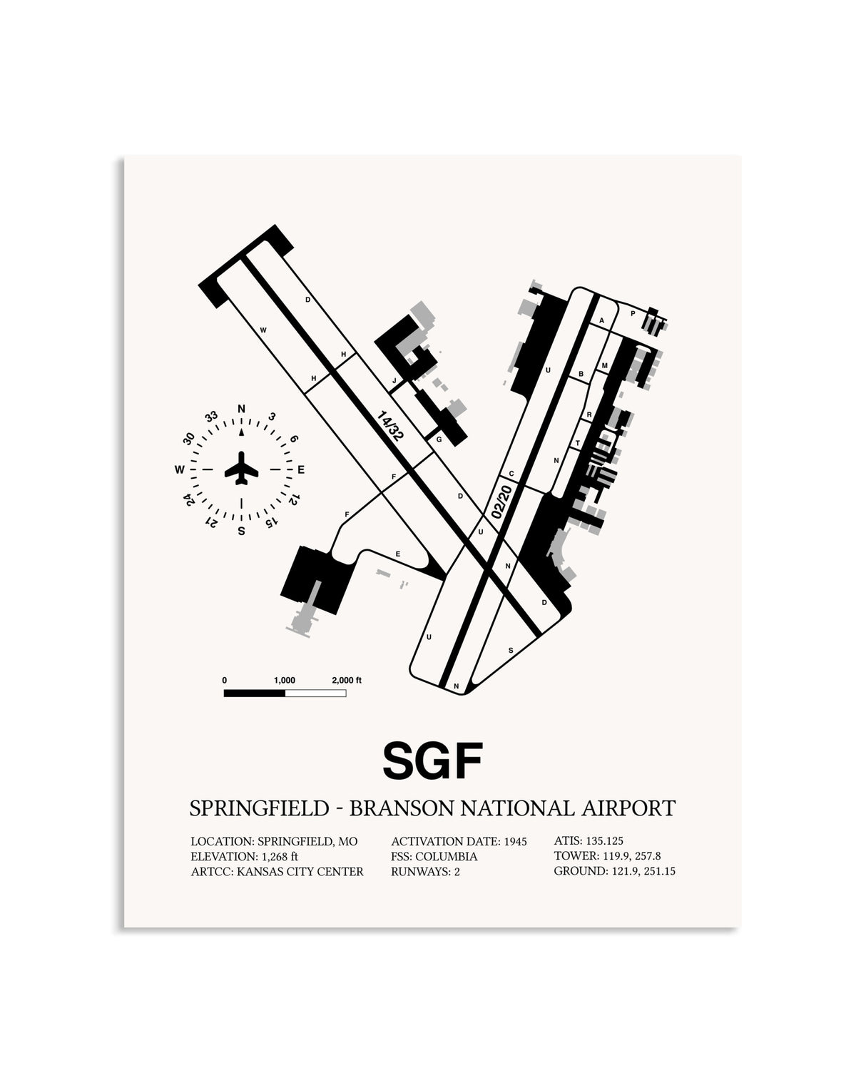 Gray Springfield-Branson National Airport framed poster displayed in an airplane hangar