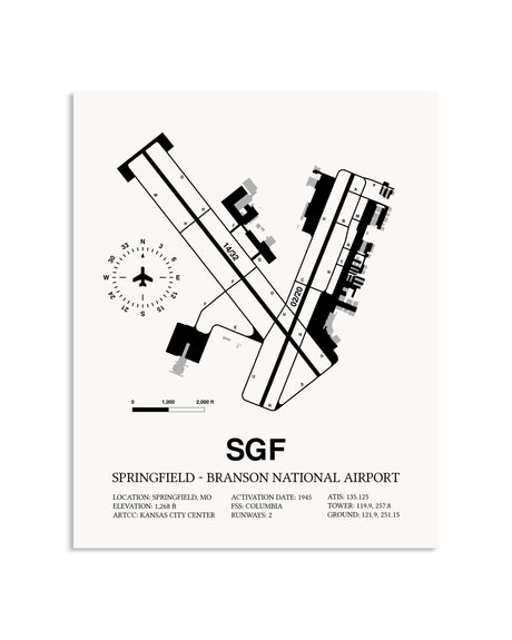 Gray Springfield-Branson National Airport framed poster displayed in an airplane hangar