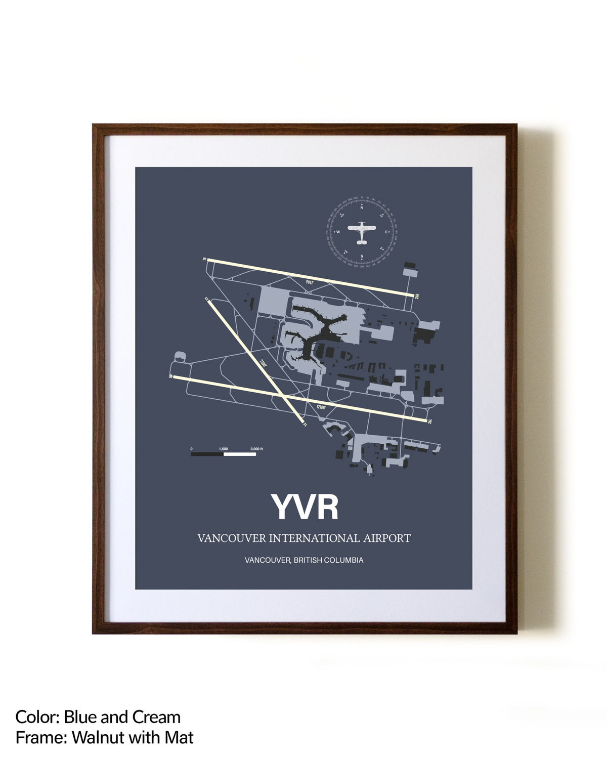 Vancouver International Airport aviation print in walnut frame with mat