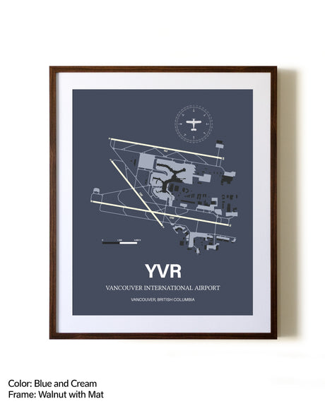 Vancouver International Airport aviation print in walnut frame with mat