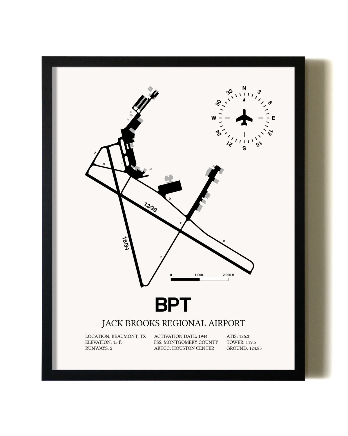 Framed Jack Brooks Regional Airport wall art poster in black frame