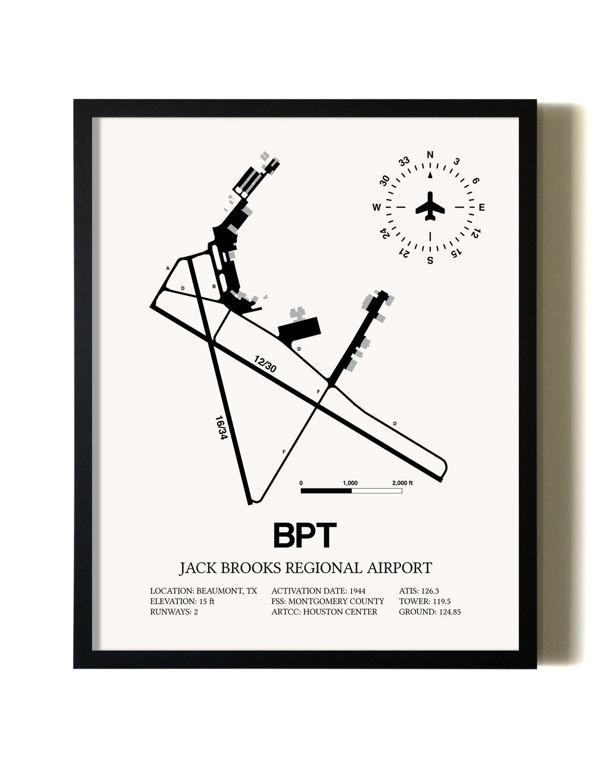 Framed Jack Brooks Regional Airport wall art poster in black frame