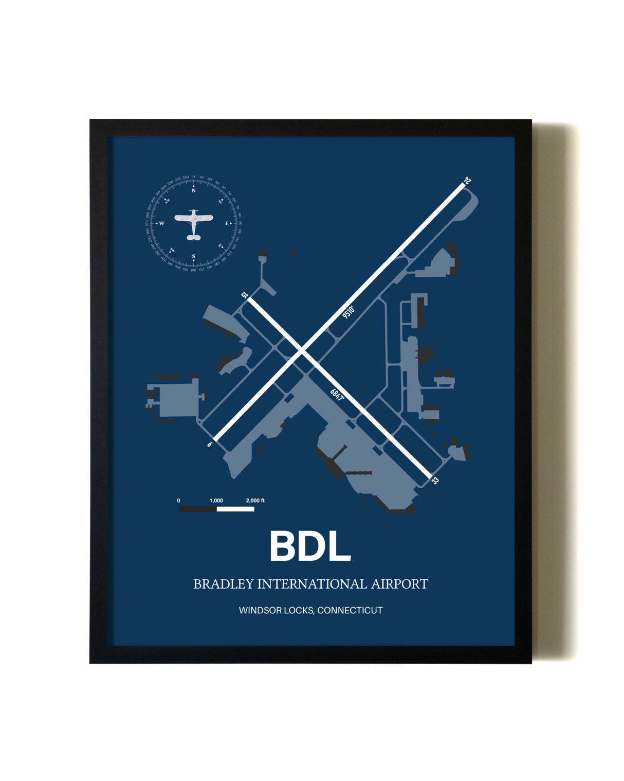 Aviation Blue Framed Bradley International Airport layout wall art poster