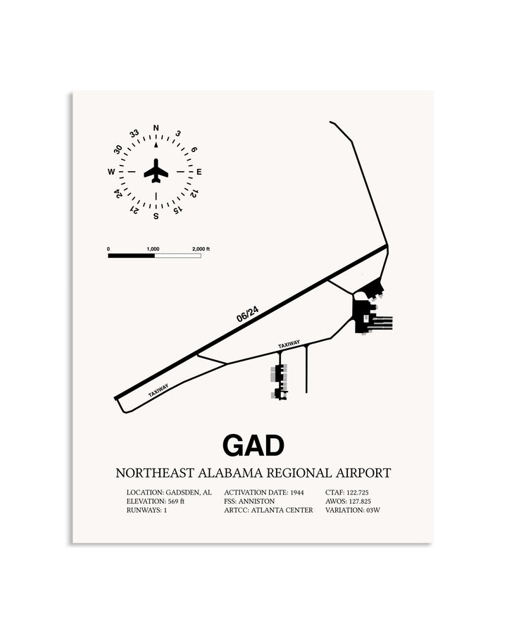Gray Northeast Alabama Regional Airport framed poster displayed in an airplane hangar