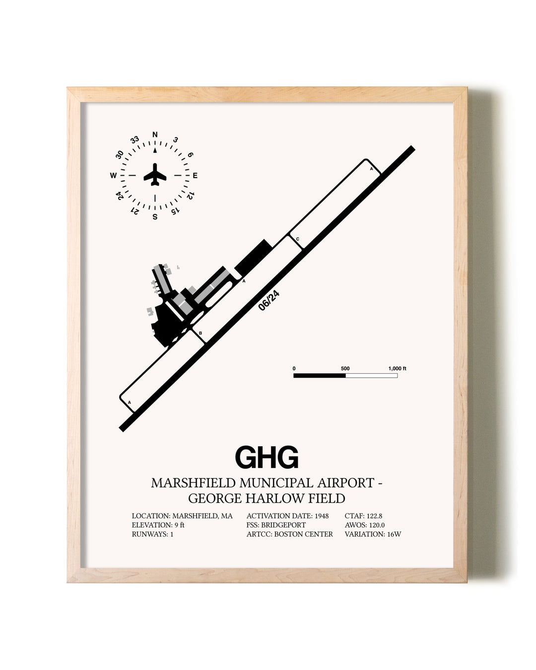 Marshfield Municipal Airport-George Harlow Field framed wall art in white frame