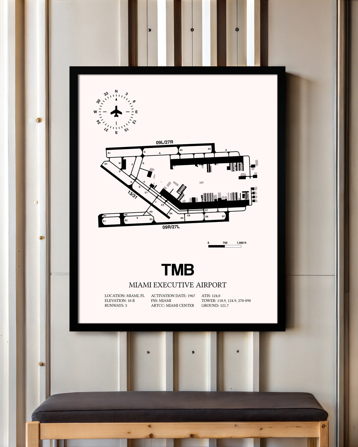 Miami Executive Airport framed poster displayed in an airplane hangar
