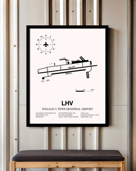 William T. Piper Memorial Airport framed poster displayed in an airplane hangar