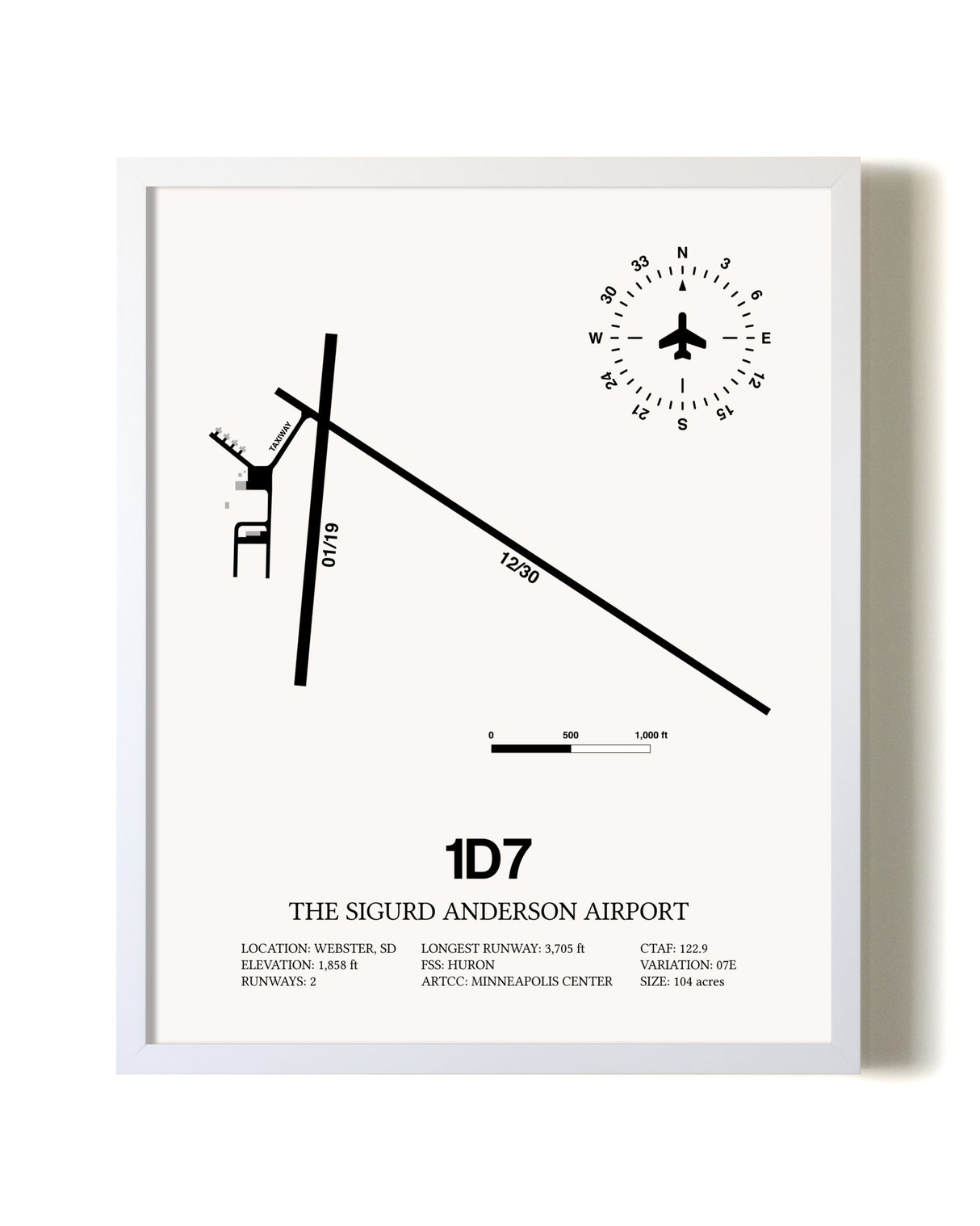 The Sigurd Anderson Airport airport map poster in oak frame