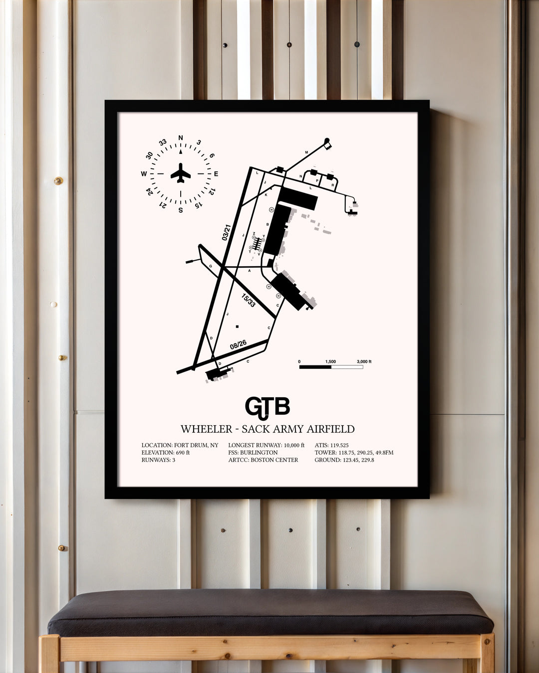 Wheeler-Sack Army Airfield framed poster displayed in an airplane hangar