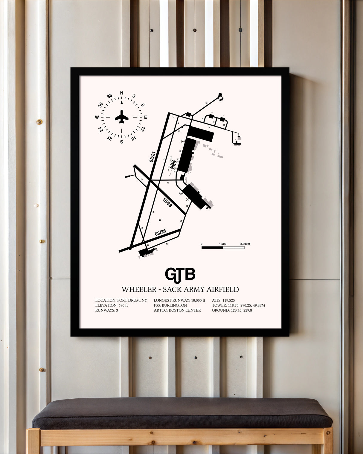 Wheeler-Sack Army Airfield framed poster displayed in an airplane hangar