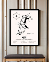 Wheeler-Sack Army Airfield framed poster displayed in an airplane hangar