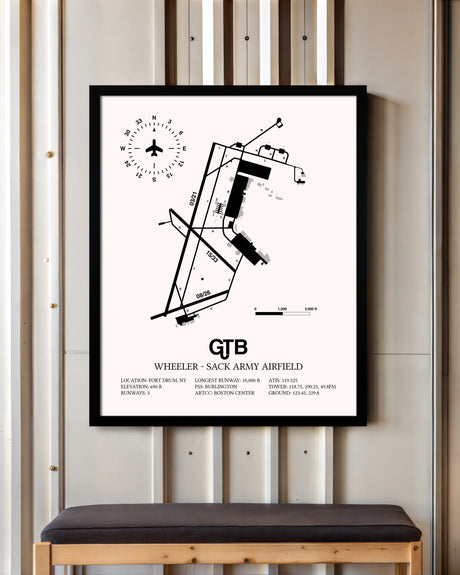 Wheeler-Sack Army Airfield framed poster displayed in an airplane hangar