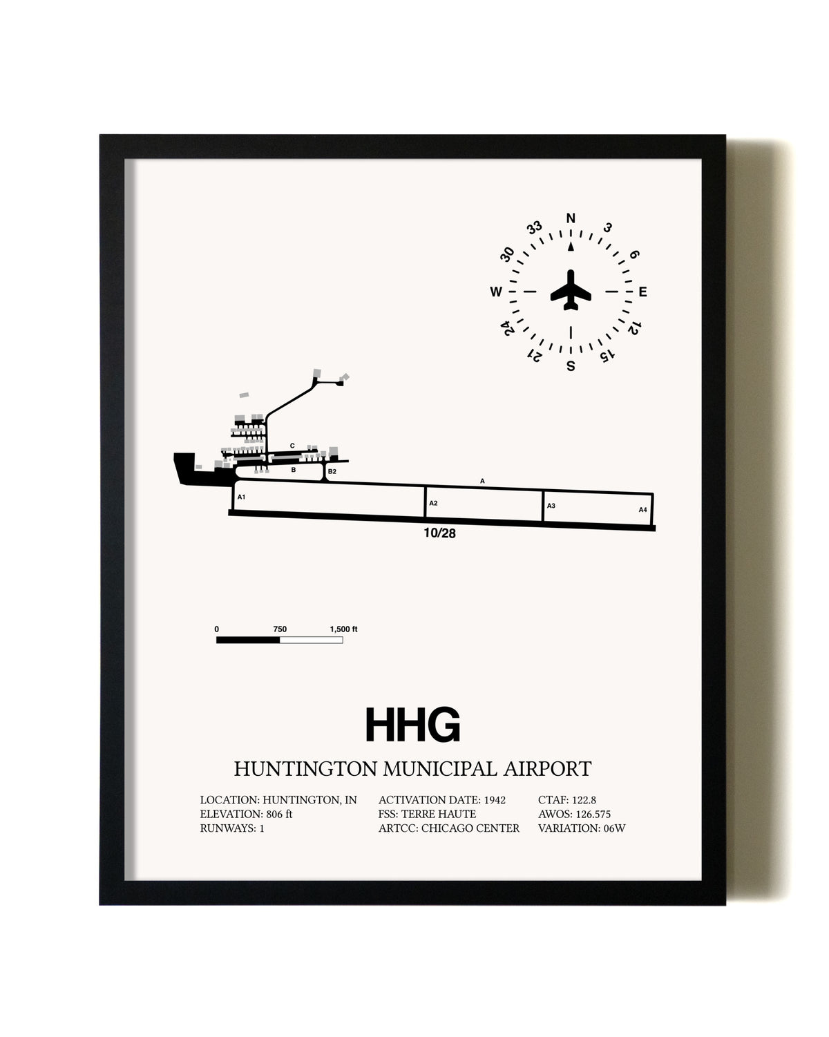 Framed Huntington Municipal Airport wall art poster in black frame