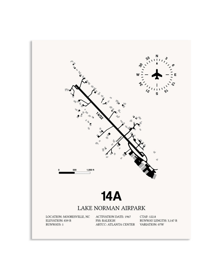 Gray Lake Norman Airpark framed poster displayed in an airplane hangar