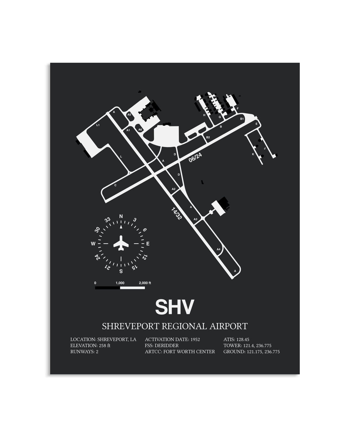 Gray Framed Shreveport Regional Airport layout wall art poster