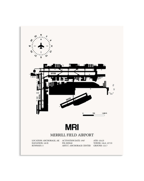 Gray Merrill Field Airport framed poster displayed in an airplane hangar