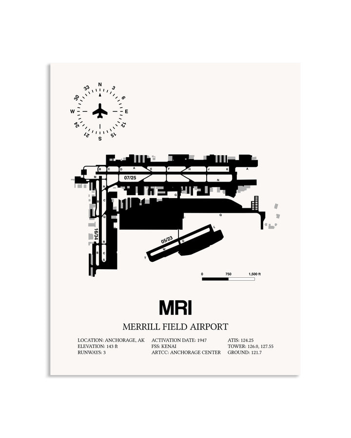 Gray Merrill Field Airport framed poster displayed in an airplane hangar
