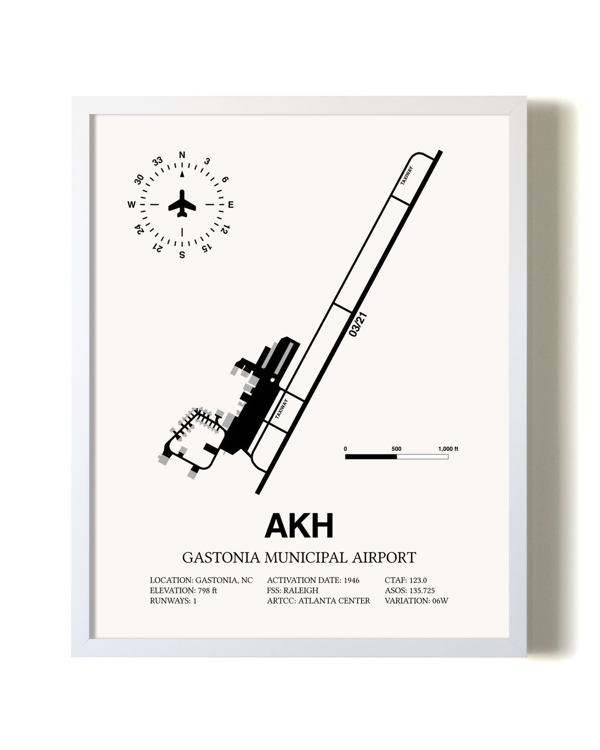 Gastonia Municipal Airport airport map poster in oak frame