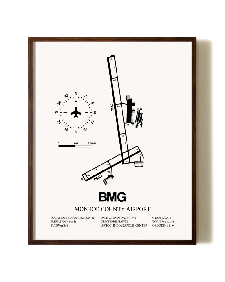 Monroe County Airport aviation print in walnut frame
